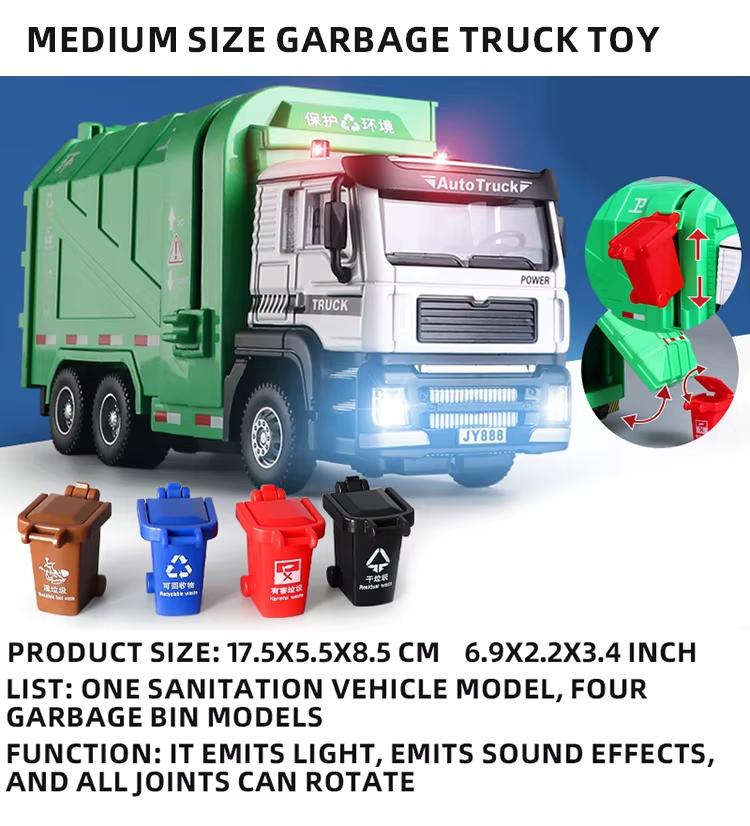 New 1:24 Large Urban Sanitation Vehicles Alloy Metal Diecast Model Car Sound & Light Series Simulation Construction Trucks Toys For Kids