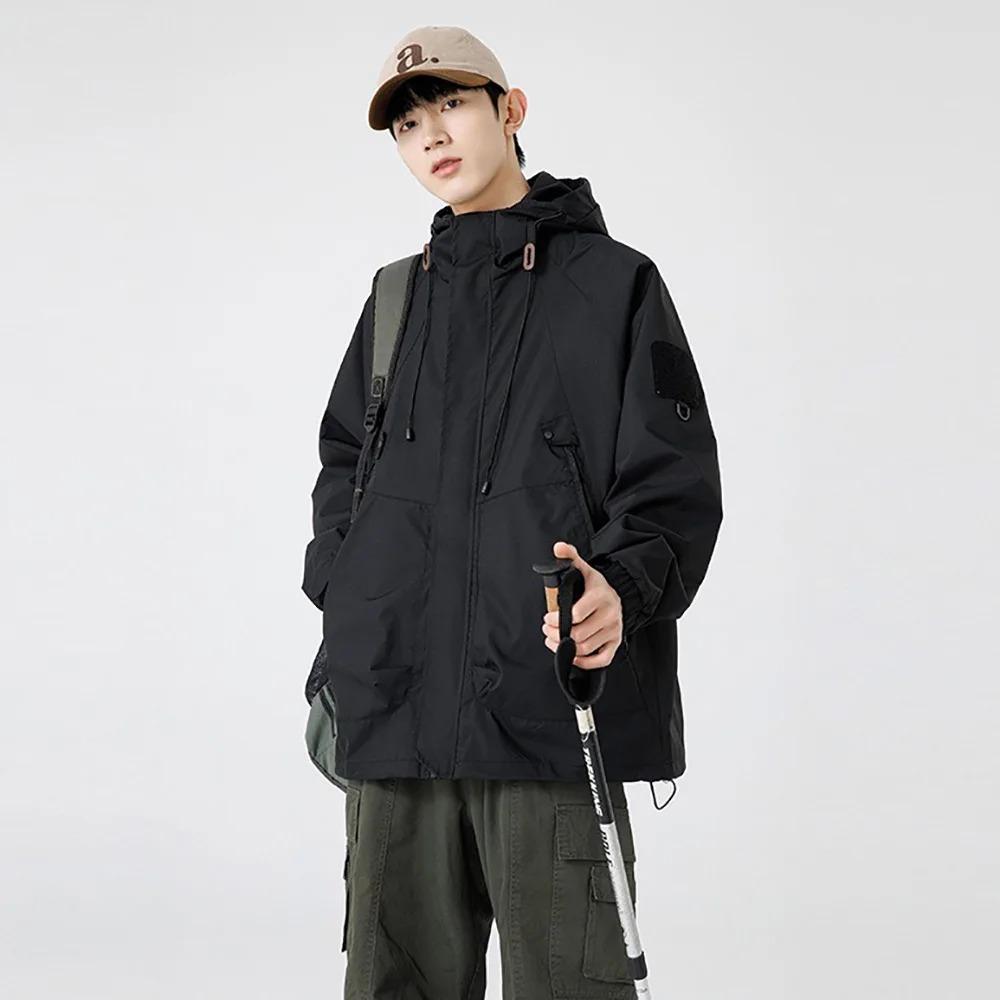 Men's Spring Cargo Jacket Hooded Large Capacity Pockets Outdoor Windproof Camping Hiking Fashion Outwear Loose Fit