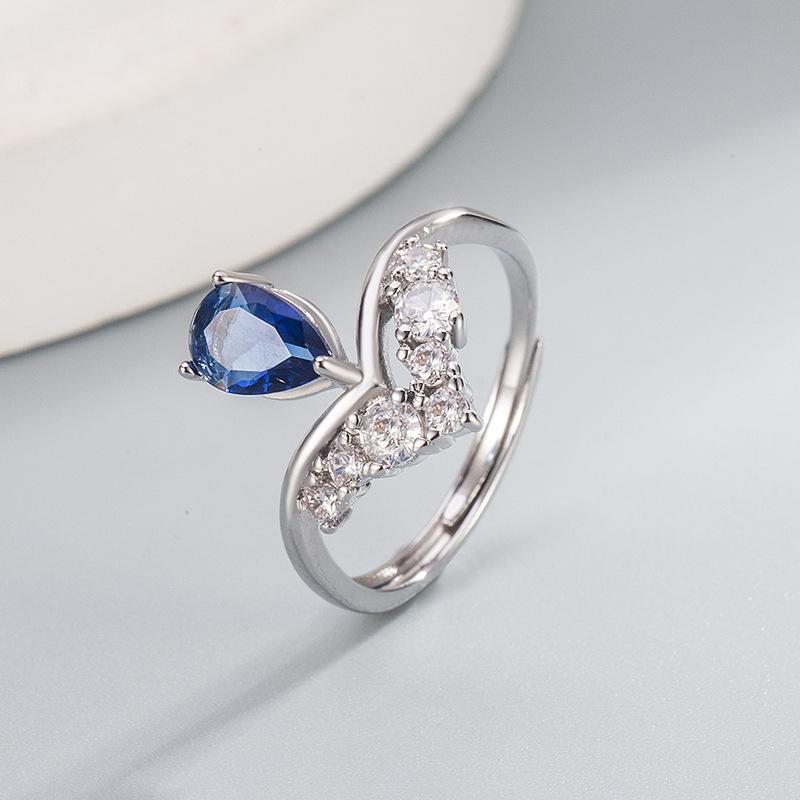 Fashion Crystal Water Drop Zirconia Ring with Inlaid Diamonds for Women Adjustable
