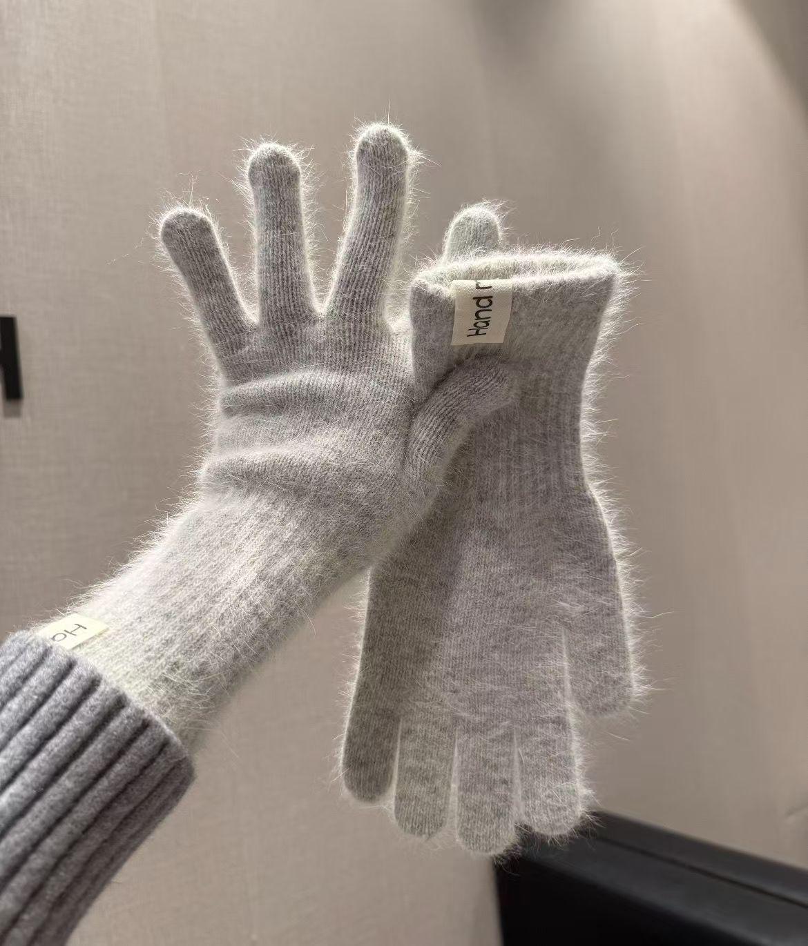 

Женские синие вязаные перчатки с мехом кролика, совместимые с сенсорным экраном - Корейский стиль, Толстые и теплые для зимы 2025, для верховой езды