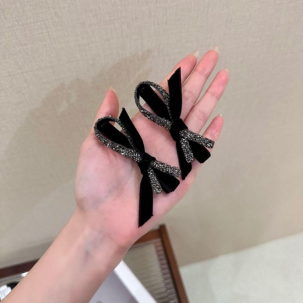 Korean Style Velvet Bow Hairpin Top Barrette Bangs Side Clip Sweet Rhinestone Duck Bill Clip  Party