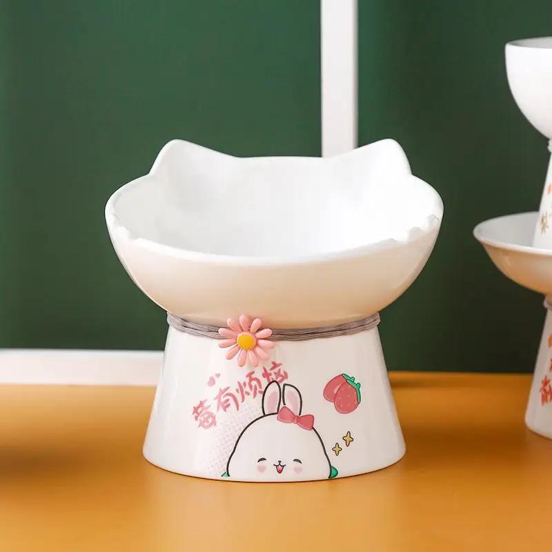 Creative Cartoon Cute Ear Shape Ceramic Drinking Water Eating Food Neck Protection Anti Overturning High Foot Cats Dog Bowl, 1Pc