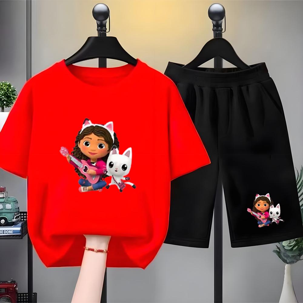 Children Summer Clothing Tshirt+Shorts Gabbys Dollhouse Print Boy Girl Toddler 3-12Yrs Short-Sleeved cool leisure Set