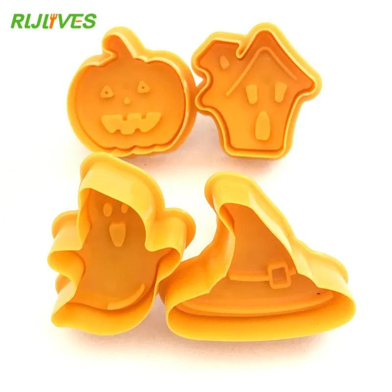 4pcs Halloween Pumpkin Ghost Theme Plastic Cookie Cutter Plunger Fondant Sugarcraft Chocolate Mold Cake Decorating Tools