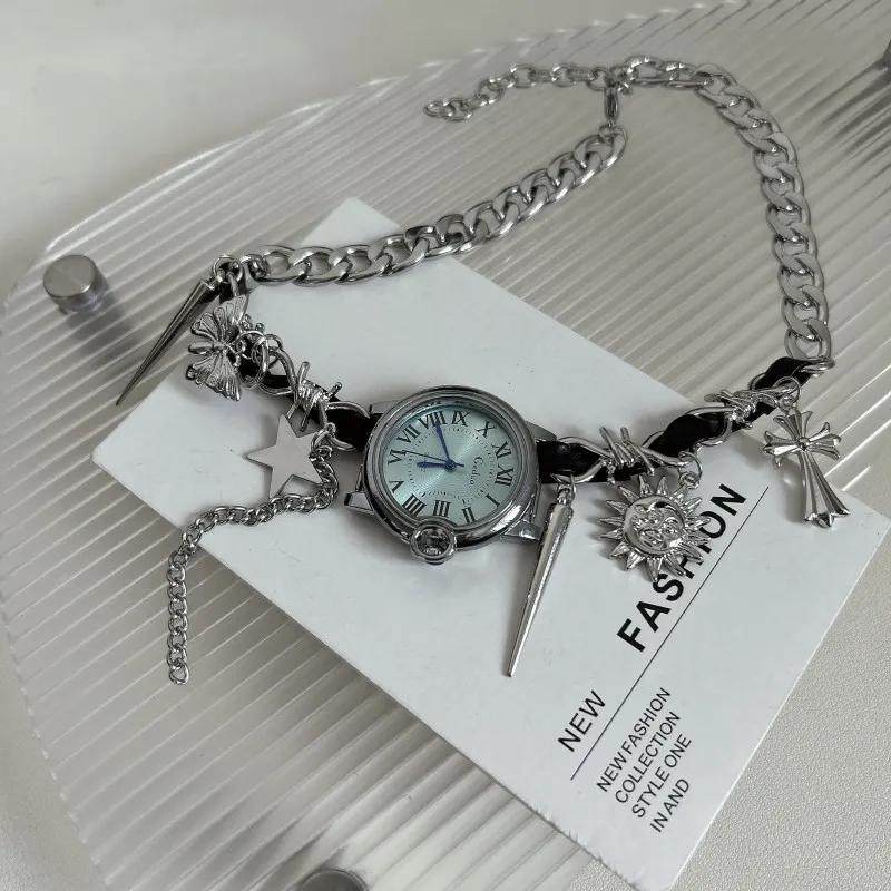 Fashion Y2k Watch Leather Pendant Titanium Steel Collar Female Personality Cyberpunk Choker Fashion Jewelry Gift