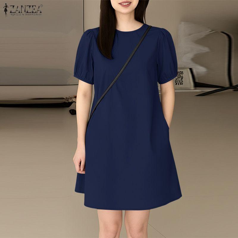 ZANZEA Women Casual Round Neck Solid Color Summer Short Sleeve Dress