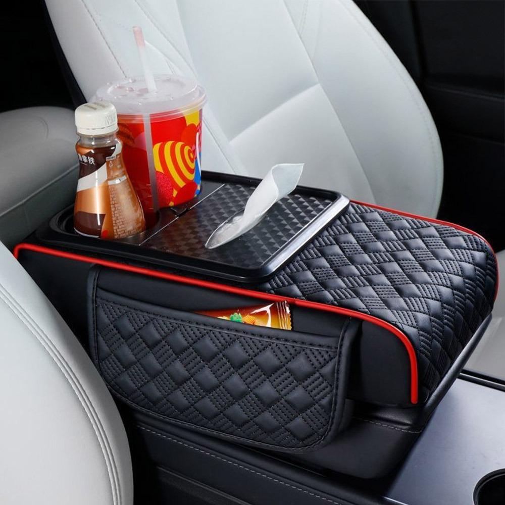 PU Leather Armrest Pad with Cup Holder Tissue Box Car Armrest Pillow  for Car Universal