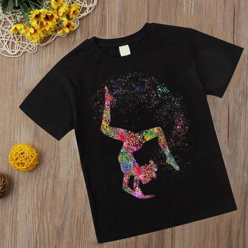 Watercolor Gymnastics T Shirt New Kids Girl Tshirt Kawaii Gymnastics Art Top Tee Fashion Children Clothes Cartoon Black T-shirts