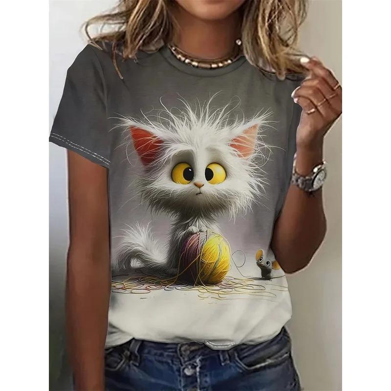 Summer Round Neck 3D Cat Print Top Fashionable Casual Short Sleeved Women's T-shirts