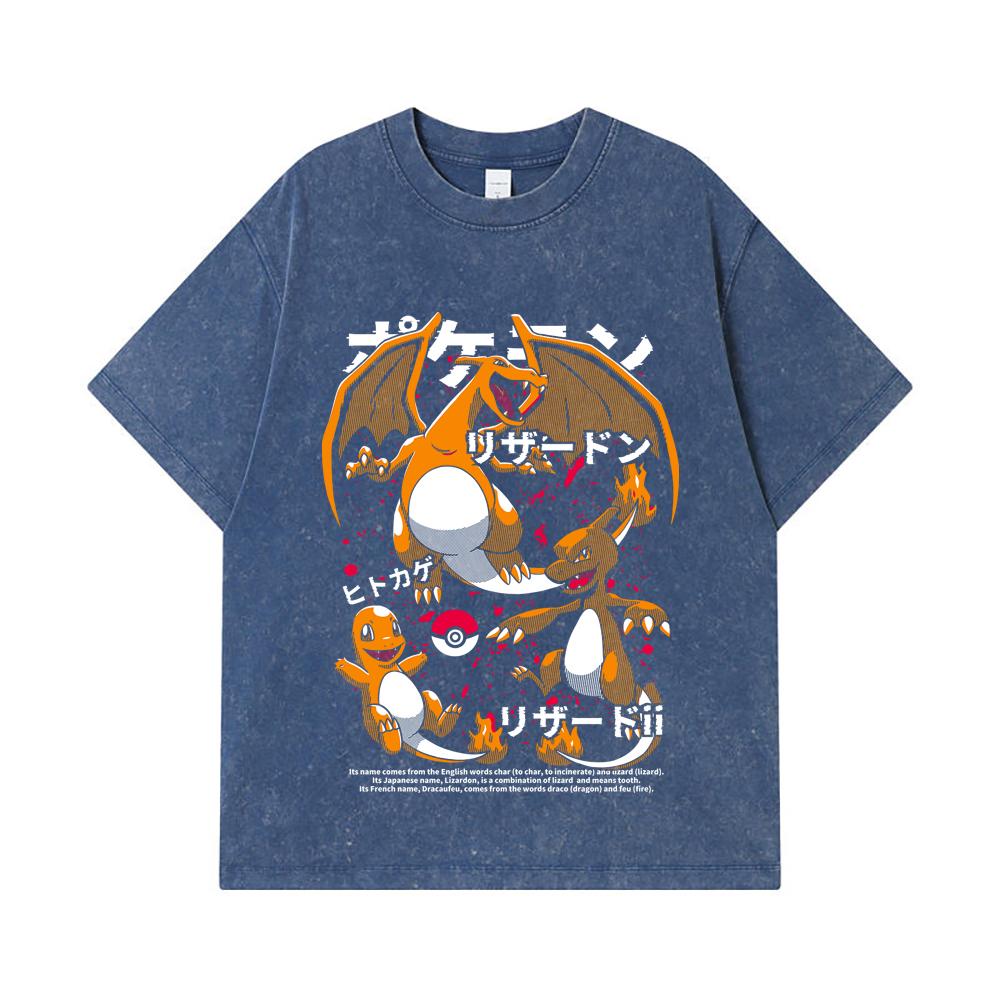 

275 GSM Washed T-shirts 100% Cotton Pokemon V19 Charmander Print Unisex Heavy Cotton T Shirt 2XL королівський синій колір
