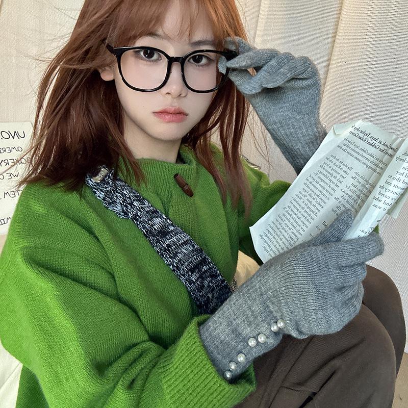 Korean Style Autumn/Winter Pearl Fingerless Touchscreen Wool Gloves for Women