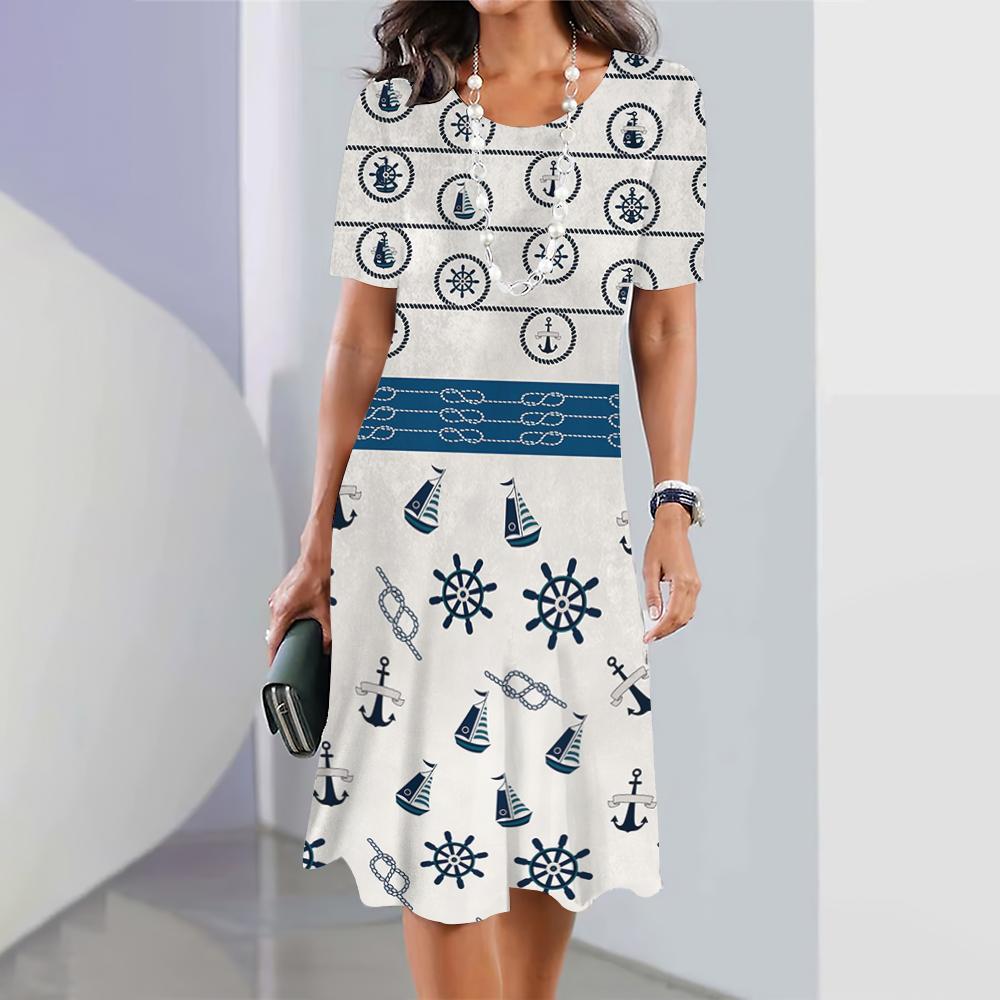 New Women's Dresses Anchor 3D Print Female Elegant Dresses Summer Short Sleeve Dress Fashion Oversized Clothing