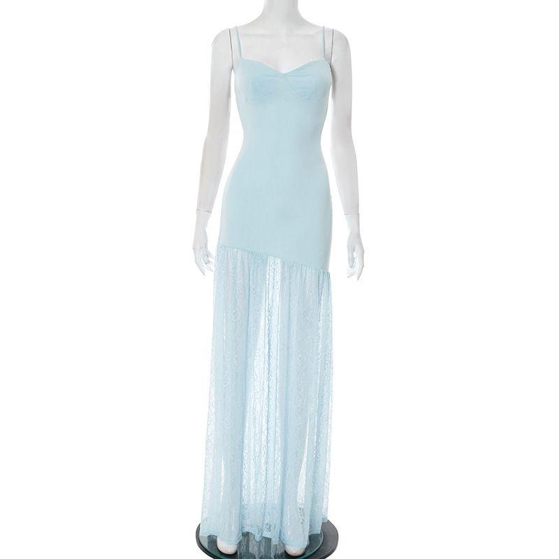 

Dress New Sleeveless Sexy Waist Trimming Lace Strap Dress Fashion Style Pure Color Mesh Patchwork Dress Light Blue S