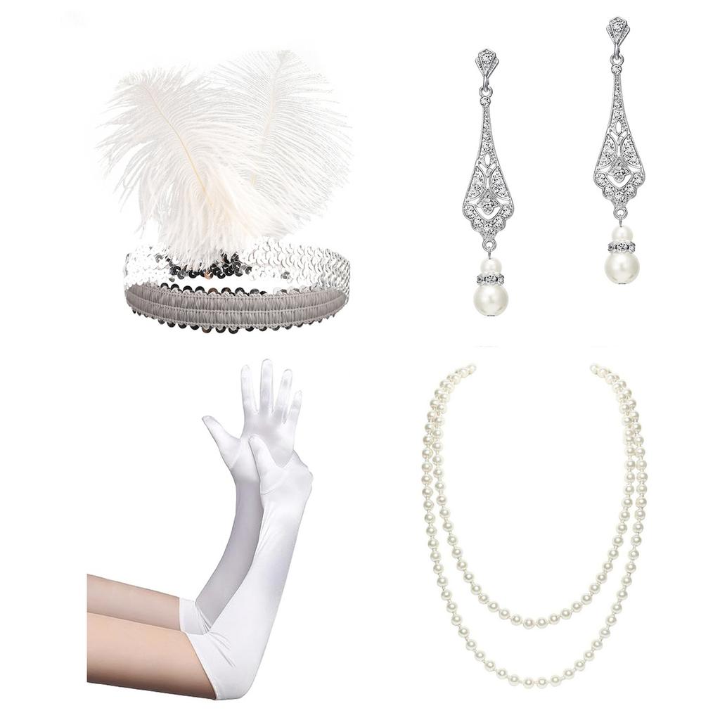 1920er Jahre Flapper Accessoires Gatsby Kostüm Zubehör Set für Damen 20er Jahre Kopfschmuck Perlenkette Handschuhe Ohrringe Set
