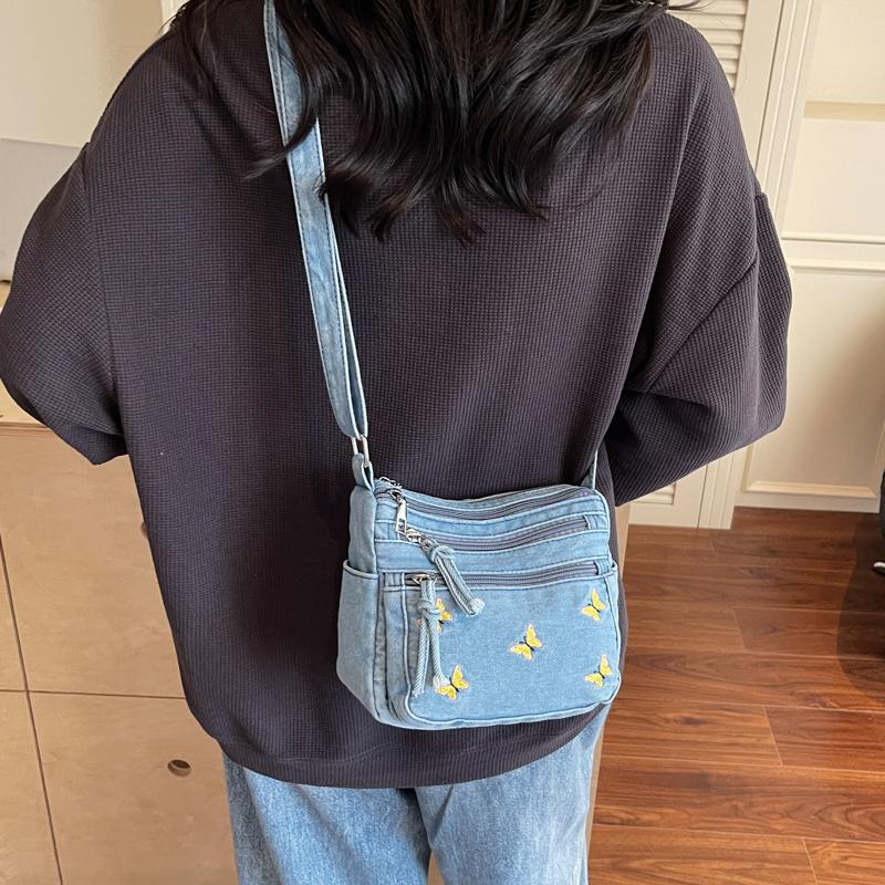 Denim Crossbody-Tasche mit Schmetterlingsstickerei Mehrschichtige Handytasche Damen Kleine quadratische Tasche