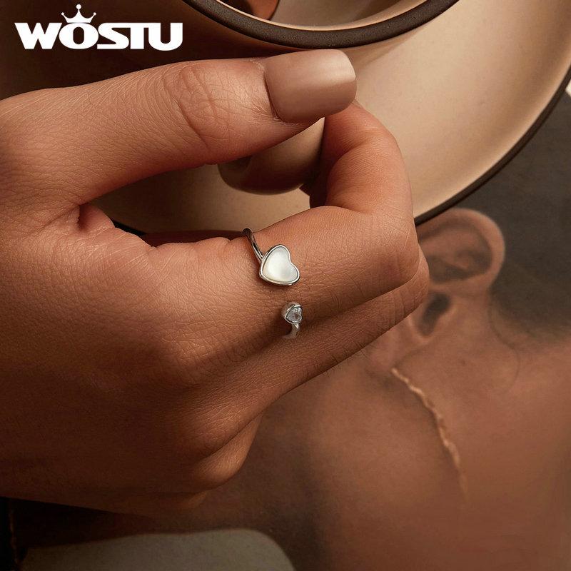 WOSTU 925 Sterling Silver Creative Double Heart Opening Ring For Women Natural White Shell Rings Handmade Jewelry Party Gift