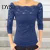 Off-shoulder spetsblus Damtoppar Asymmetrisk krage Långärmad skjorta Genombruten Enlinje Sömmad Enfärgad Smal passform Broderi Blommig topp