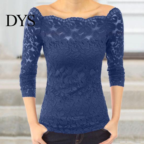 Off-shoulder spetsblus Damtoppar Asymmetrisk krage Långärmad skjorta Genombruten Enlinje Sömmad Enfärgad Smal passform Broderi Blommig topp