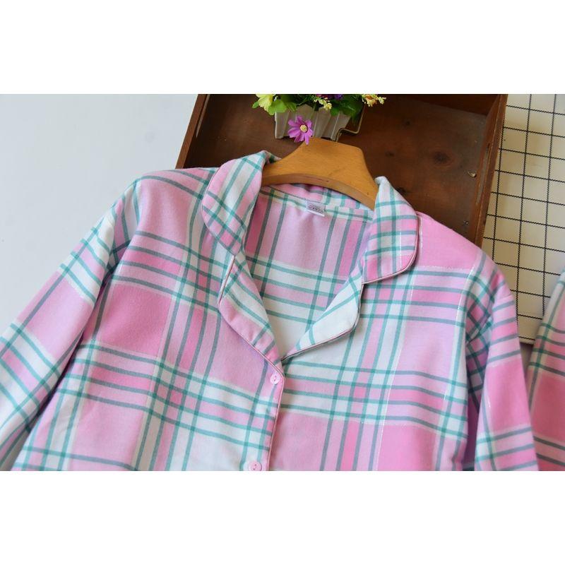 Women's Cotton Plaid Cardigan Lapel Pajamas Suit Spring and Autumn Thin Soft Comfort and Casual Home Wear