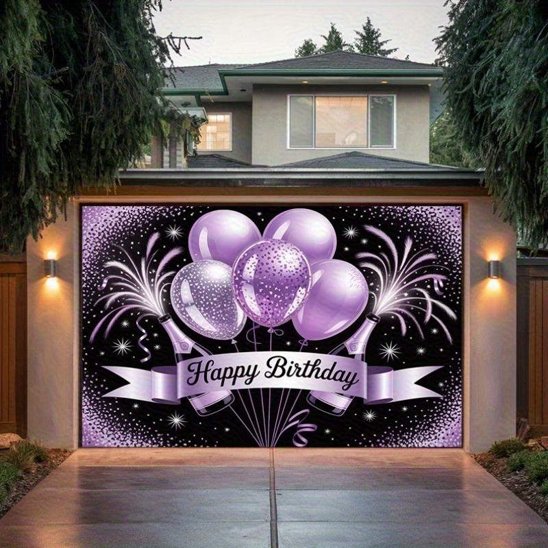 1 Piece Happy Birthday Party Banner - Vibrant Purple and Black Balloon Design, Sparkling Stars, Durable Polyester Backgr