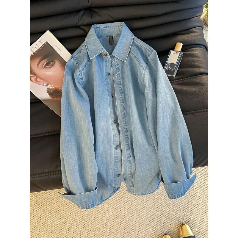 

Women Washed Blue Denim Blouse Long Sleeve Button Up Top S синій