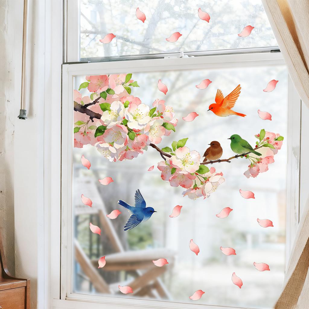 Floral Branch with Bird Static Cling Window Stickers No Glue Removable Reusable for Bedroom Living Room Study Home Decor
