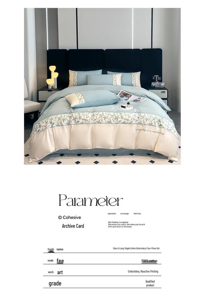Light Luxury 100% Long-Staple Cotton Embroidered Bedding Set - High-End Four-Piece Pure Cotton for All Seasons.