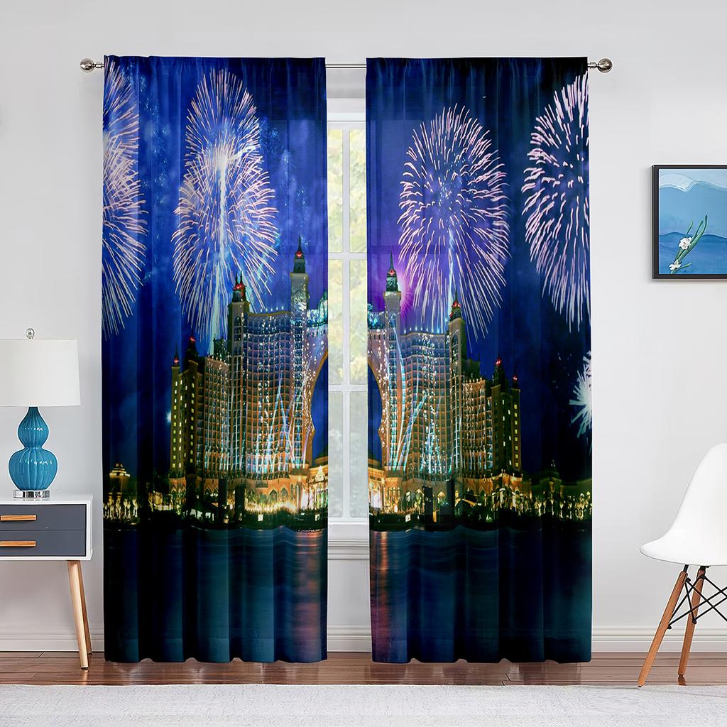 Paesaggio da Sogno Vista Notturna Fuochi d'Artificio Cielo Stellato Tende di Tulle per Decorazione Soggiorno Camera da Letto Chiffon Leggero Voile Tenda da Finestra