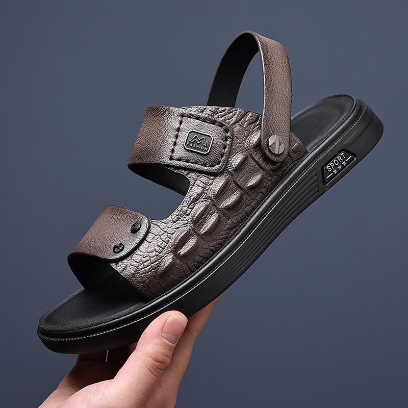 Summer first layer sheepskin men's sandals leather outdoor beach shoes fashion dad men's leather sandals men's slippers