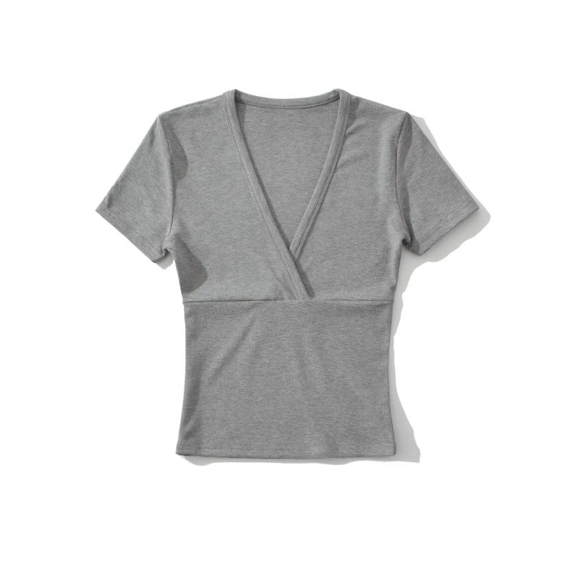 Cross Deep V-neck Short-sleeved T-shirt Women's Summer New American Spice Girl Style Solid Color Thin Short Bottoming Top
