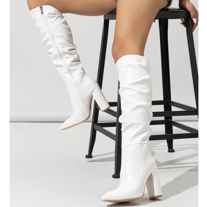 Eilyken Winter Pleated Knee High top Women Pointed Square Heels Booties Fashion Zipper Mujer for Adult Women