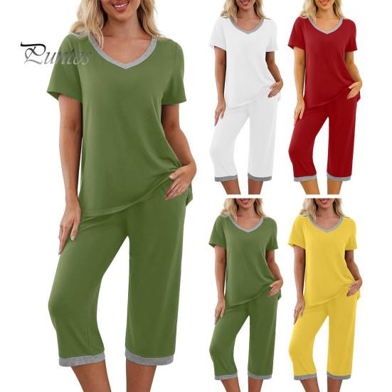 T-shirt Pants Set 2 Pcs/Set Pajamas V Neck Contrast Color Short Sleeve Women Sleepwear Loose Homewear Elastic Waist Cropped Summer Night Clothes