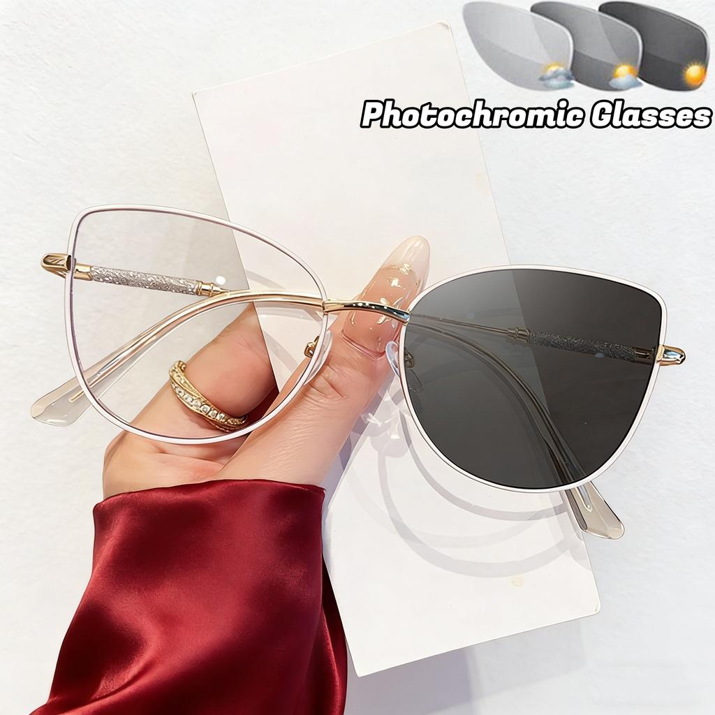 Fashionable Popular Photochromic Blue Light Blocking Glasses Luxury Metal Cat Eye UV-Protective Ladies' Stylish Plain Eyeglasses