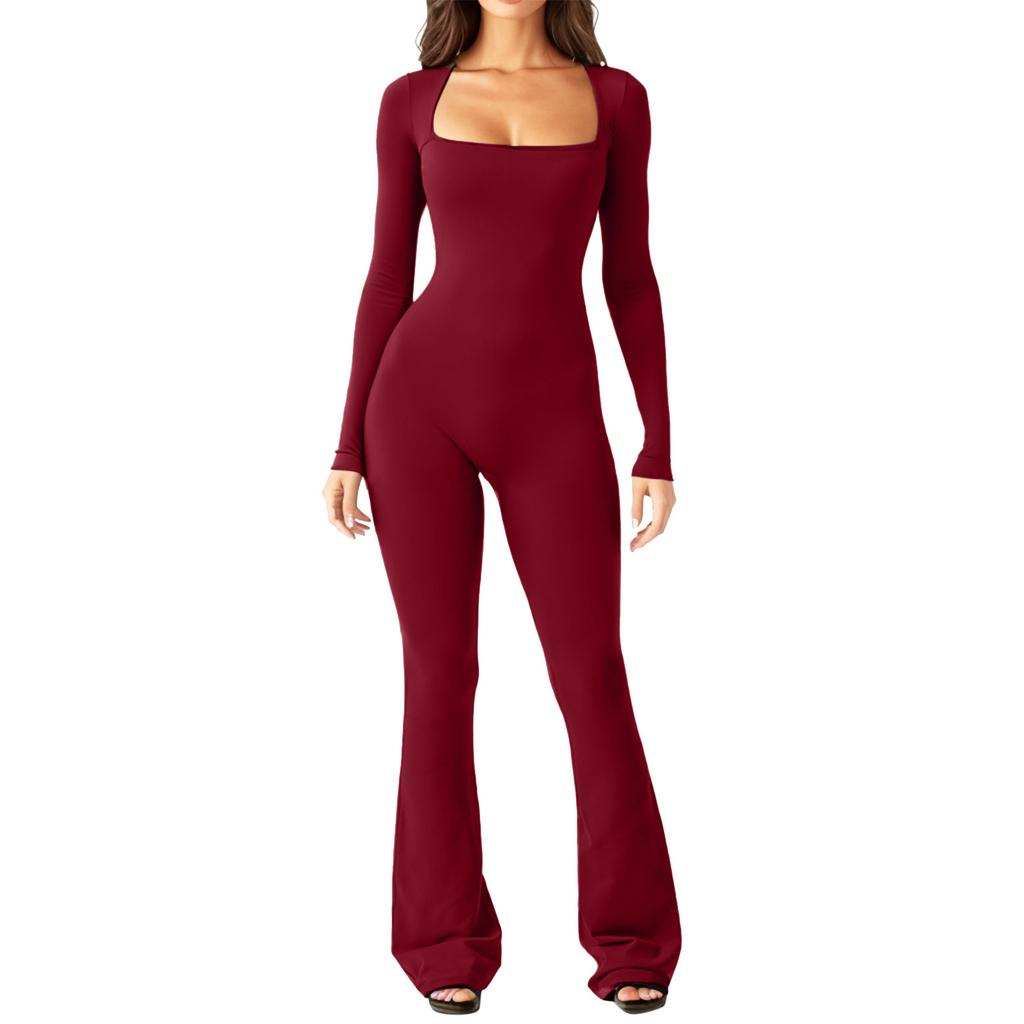 New Versatile Casual And Fashionable Women'S Solid Color Jumpsuit With Square Collar Sexy Hip Lifting And Slim Fit Sports Jumpsuit