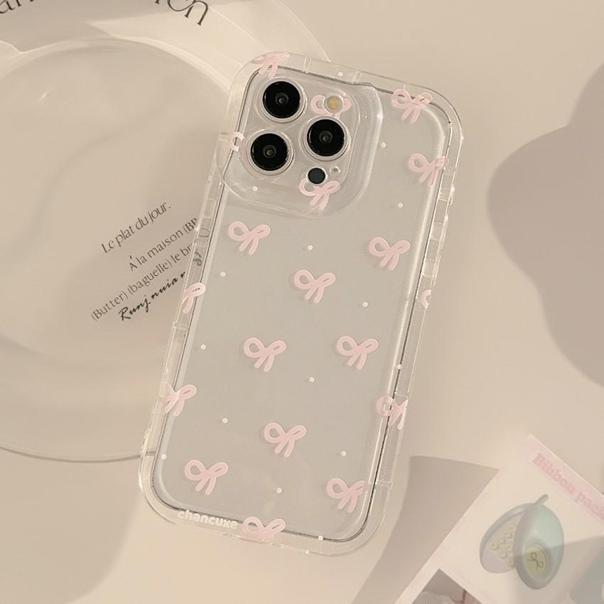 Cute Pink Bowknot Transparent Phone Case For iPhone 16 15 14 13 12 11 Pro Max Plus Clear Silicone Shockproof Cases Cover