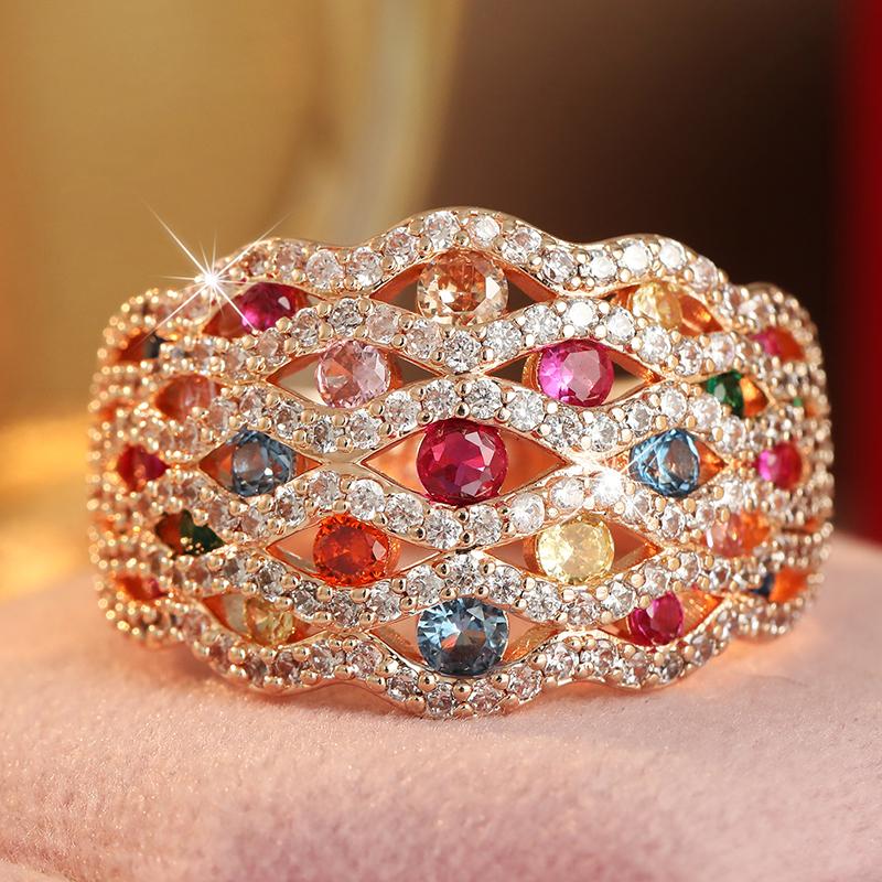 Luxury Inlaid Multicolored CZ Women's Ring Trendy Gold Color Geometry Daily Wear Party Jewelry Anniversary Gift