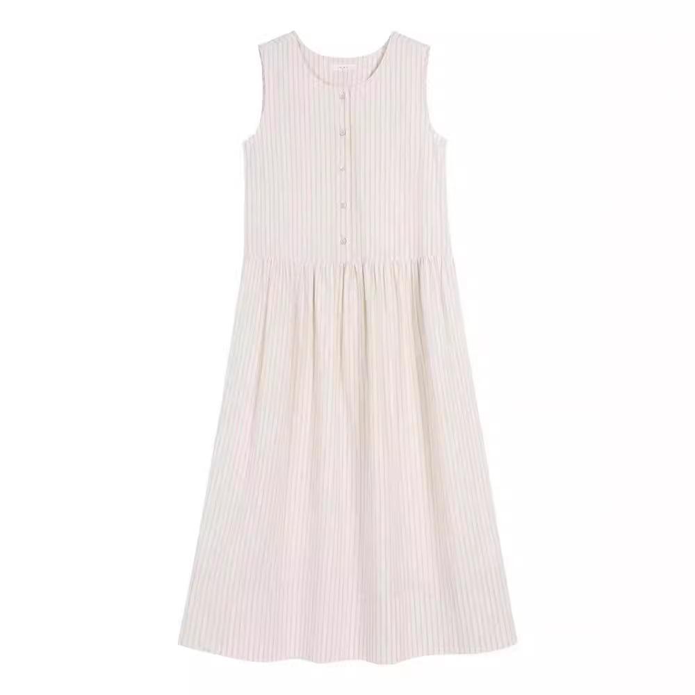 2025 Summer New Fresh Rattan-dyed Striped Vest Skirt Women's Loose and Thin Round Neck Sleeveless Solid Color Dress