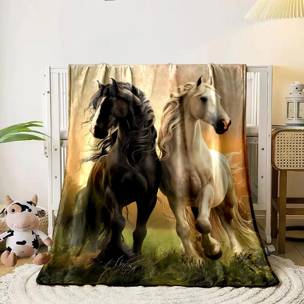 Black and White Horses Printed Blanket bedroom Blanket for Livingroom Couch lunch break Soft throw for Friend's festival Gift