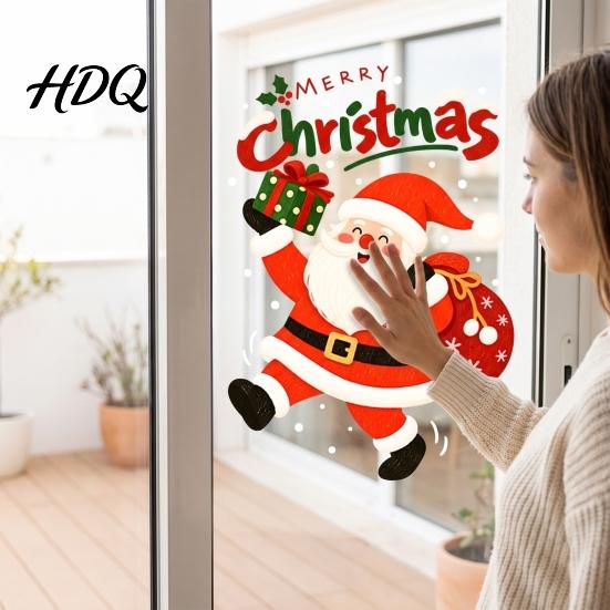 Home Window Ornaments Santa Claus Christmas Cling Static Sticker for Glass Doors Reusable PVC Festive Store Decorations Decal with Gift Bag and Box