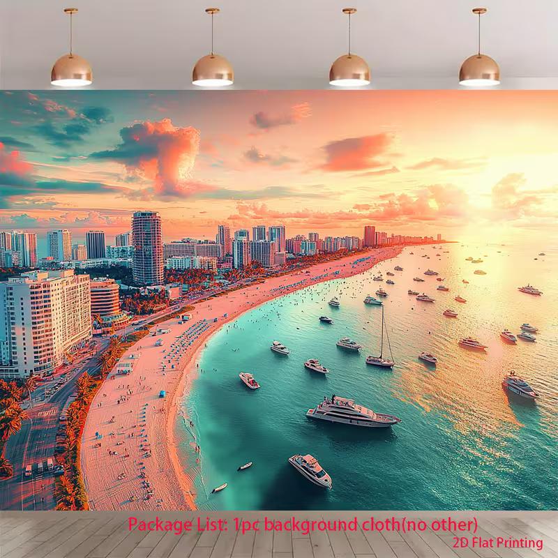 2D Tropical Coastal Pink Orange Sunset Backdrop Seaside Vacation Decor Background Cloth 47.2x31.5inch/120*80cm