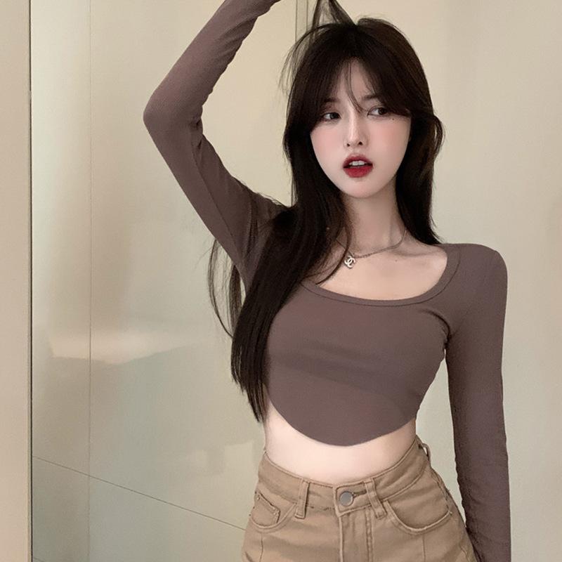 Шикарный кроп-топ с квадратным вырезом и длинными рукавами для женщин - Сладкий и пикантный топ с высокой талией Medium
