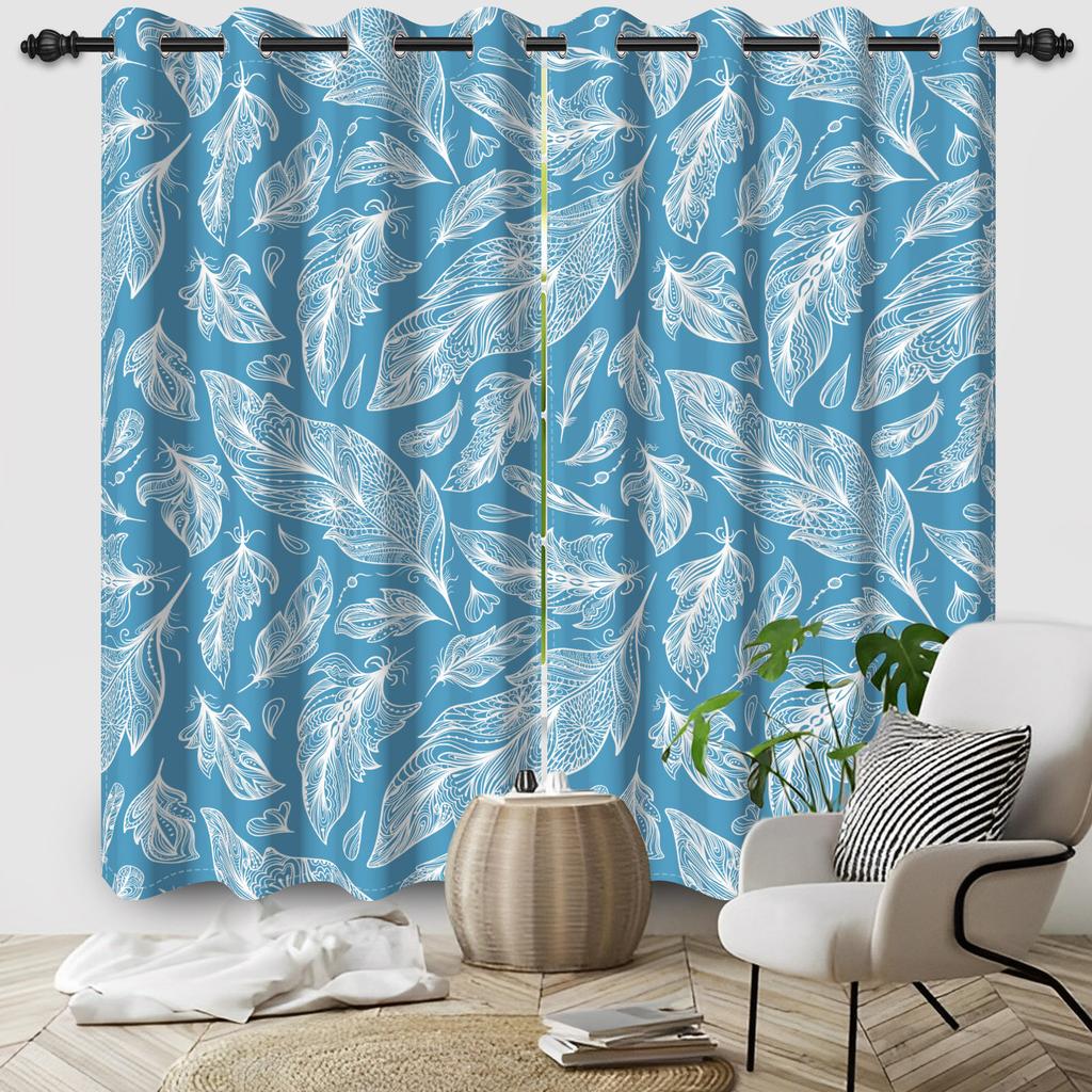 Feather Pattern Curtains Set Polyester Double Layer Window Living Room Home Interior Size Curtain Light Blocking For Area Made Of