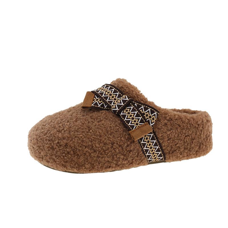 Schleife Lammwollpantoffeln Damen tragen Herbst und Winter Mode ein Pedal Samt warm Taschenkopf halbschlepp flacher Boden