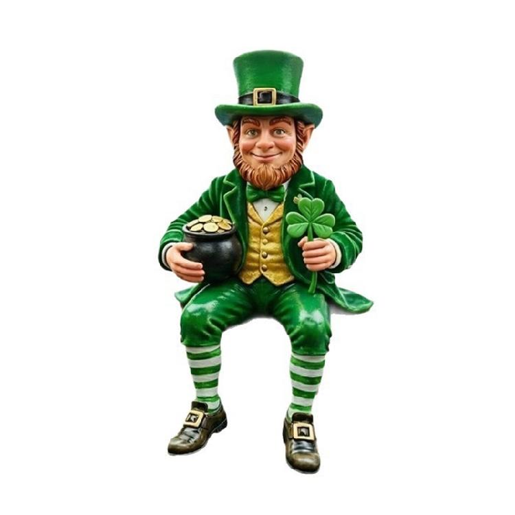Leprechaun Sculpture Green Resin Statue with Shamrock and Pot of Gold For Patricks Day Irish Festives Home Decorating