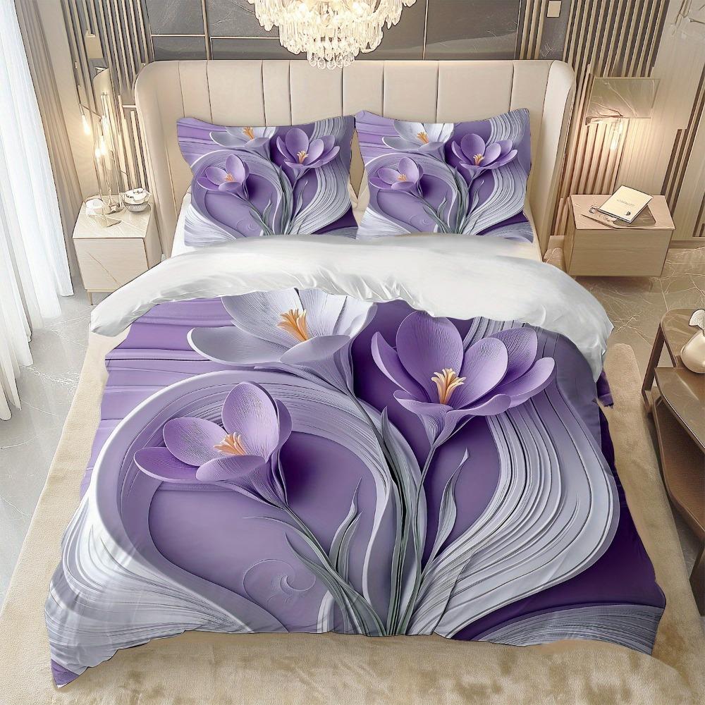 3pcs Bedding Set Purple Flowers 3D Printed Cozy Soft Duvet Cover King Queen Twin Size Birthday Gift for Adult Home Bedroom Decor