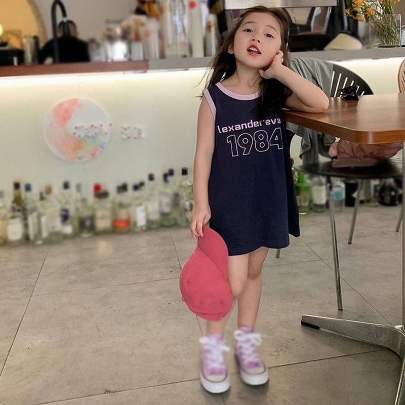 Girls Round Neck Sleeveless Dress Letter Printing Summer Cool Beach Dress