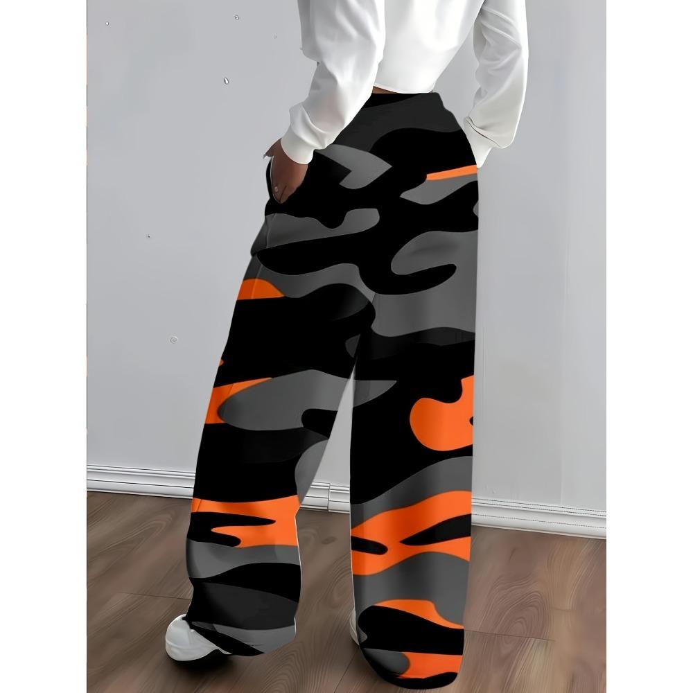 Women's orange black tiger camouflage wide-leg pants, drawstring loose trousers, American retro fashion straight casual trousers