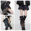 Scaldamani da donna giapponesi con cinturino e fibbia, jeans effetto invecchiato con croci e stelle, Harajuku Punk, coprigambe a zampa d'elefante, calze lunghe ampie