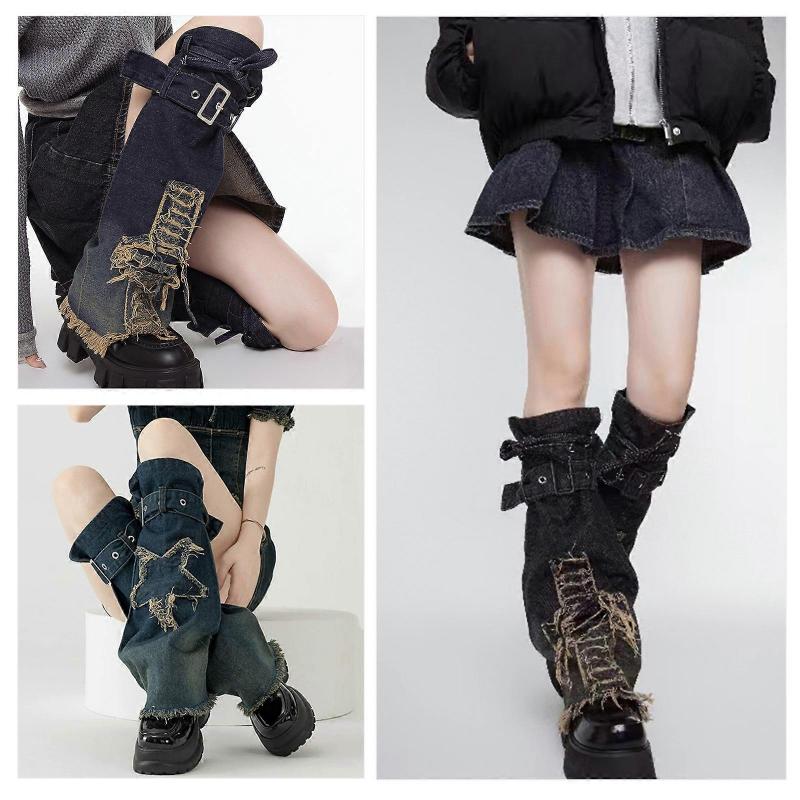 Scaldamani da donna giapponesi con cinturino e fibbia, jeans effetto invecchiato con croci e stelle, Harajuku Punk, coprigambe a zampa d'elefante, calze lunghe ampie