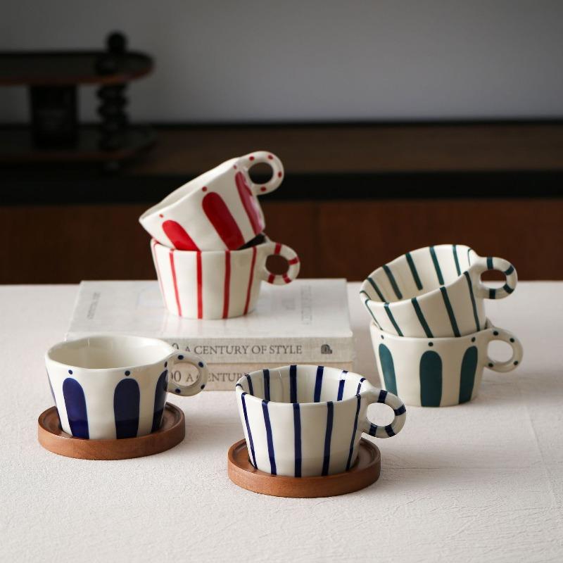 280ML Ceramic Coffee Cup Plate Creative Stripe Latte Art Coffee Mug Exquisite Afternoon Tea Flower Tea Cup Home Milk Mug Gifts